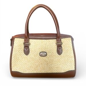 Vintage Woven Straw & Brown Leather Satchel Handbag | Summer Top Handle Purse